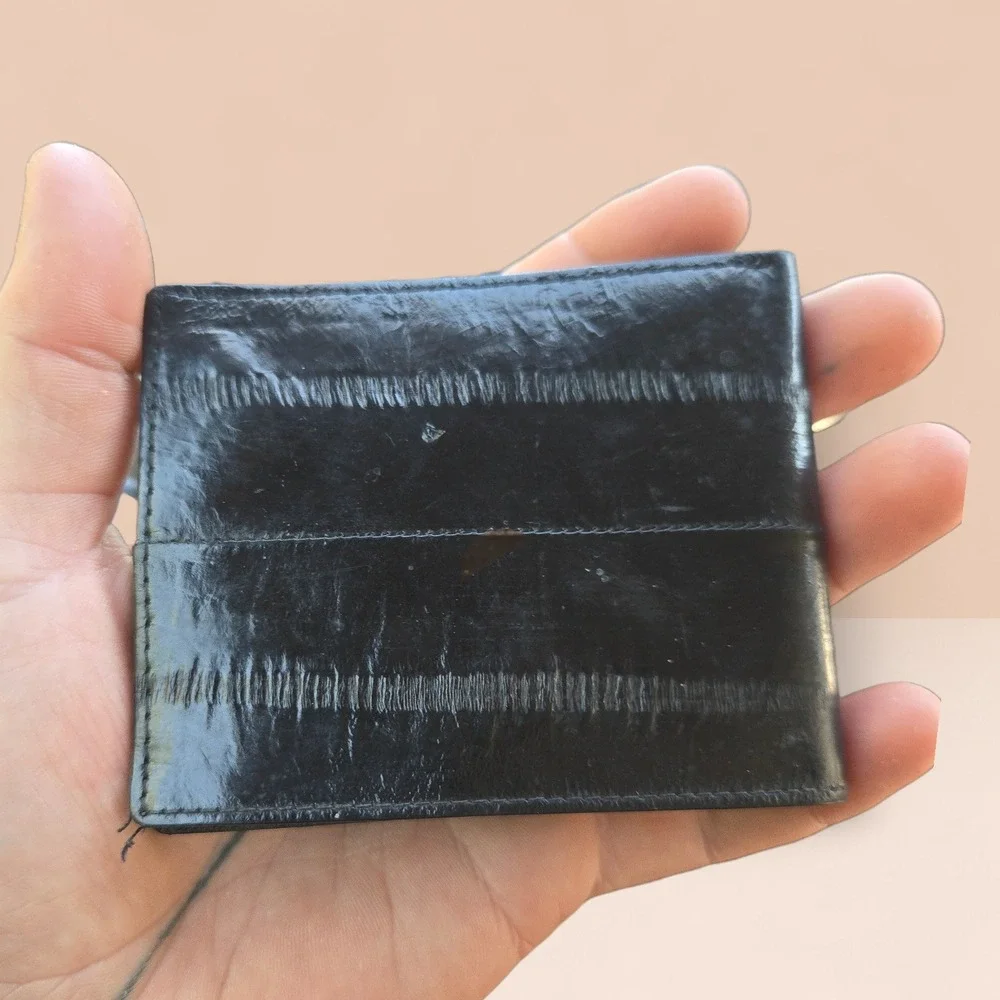 VTG‎ Minimalist Leather Wallet Black Genuine Eel Skin? Bifold Flip ID Window USA